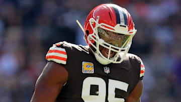 Cleveland Browns defensive end Myles Garrett (95) celebrates a stop during the first half of an NFL football game at Huntington Bank Field, Sunday, Oct. 27, 2024, in Cleveland, Ohio.