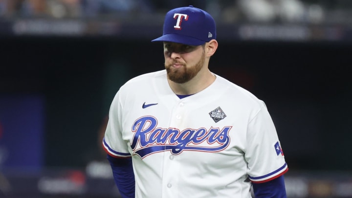 Oct 28, 2023; Arlington, TX, USA; Texas Rangers starting pitcher Jordan Montgomery (52) leaves the game in the 7th inning.