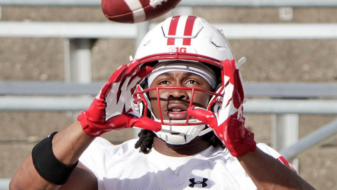 Wisconsin running back Abu Sama III (3) is shown during spring football practice Tuesday, April 21, 2026 at Camp Randall Stadium in Madison, Wisconsin. Wisconsin running back Abu Sama III (3) is shown during spring football practice Tuesday, April 21, 2026 at Camp Randall Stadium in Madison, Wisconsin.