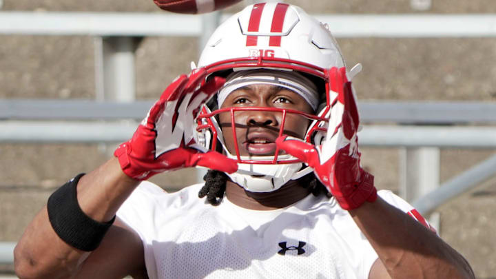 Wisconsin running back Abu Sama III (3) is shown during spring football practice Tuesday, April 21, 2026 at Camp Randall Stadium in Madison, Wisconsin.
