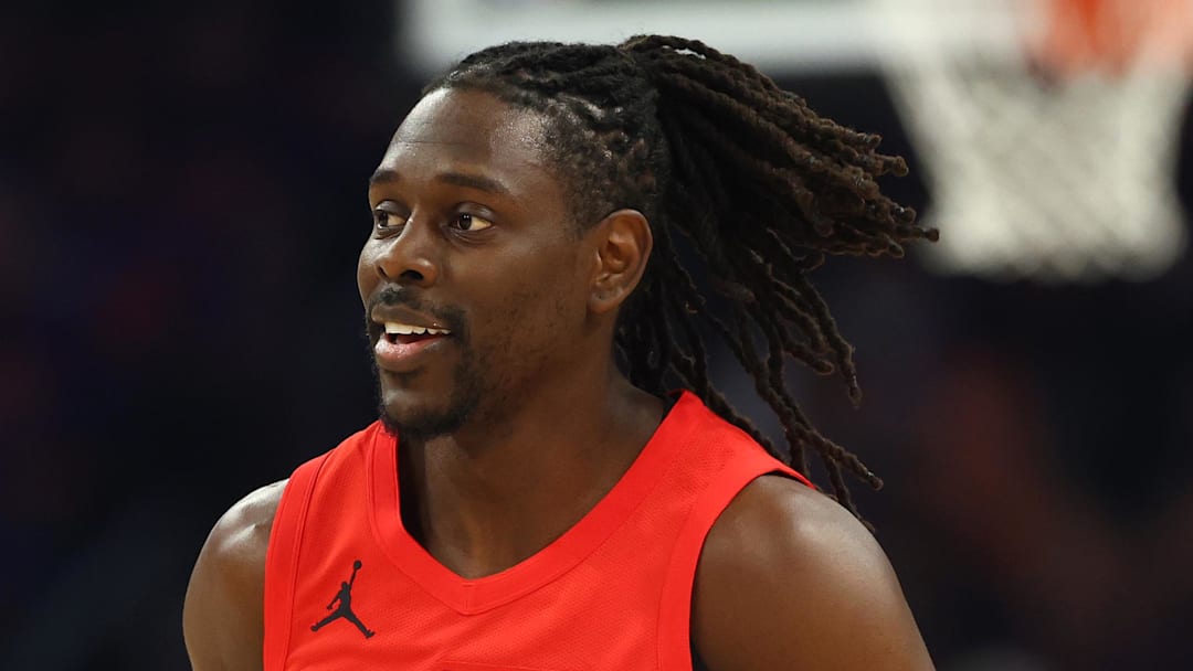 Portland Trail Blazers guard Jrue Holiday (5) reacts against the Phoenix Suns in the first half during the play-in rounds of the 2026 NBA Playoffs at Mortgage Matchup Center on Apr 14, 2026.