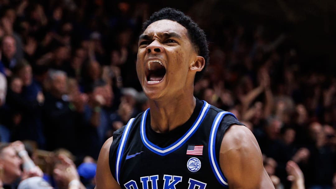Duke Blue Devils guard Caleb Foster (1) reacts after a turnover against the Florida Gators during the second half at Cameron Indoor Stadium in Durham, NC on Tuesday, December 2, 2025. [Matt Pendleton/Gainesville Sun]
