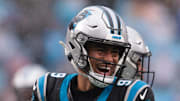 Carolina Panthers quarterback Bryce Young celebrates after a touchdown during the third quarter against the Los Angeles Rams.