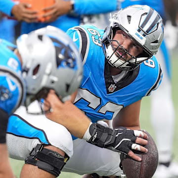 Aug 2, 2025; Charlottle, NC, USA; Carolina Panthers center Austin Corbett (63) during Fanfest at Bank of America Stadium. Mandatory Credit: Jim Dedmon-Imagn Images