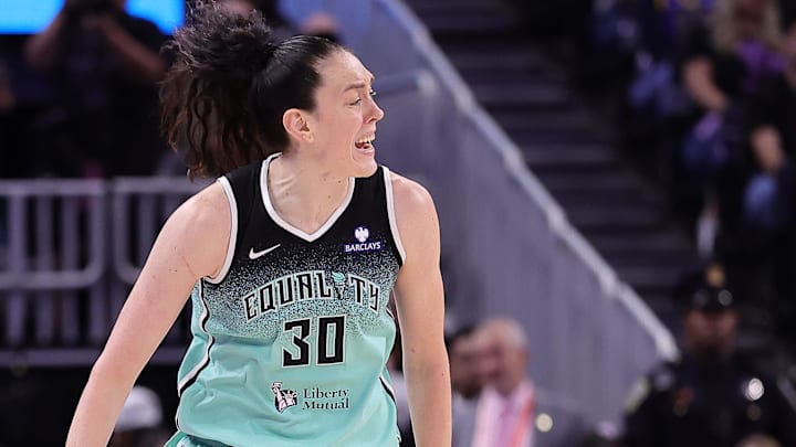 Sep 2, 2025; San Francisco, California, USA; New York Liberty forward Breanna Stewart (30) reacts after scoring a three point basket against the Golden State Valkyries during the third quarter at Chase Center. Mandatory Credit: Kelley L Cox-Imagn Images