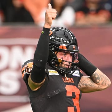 Jun 15, 2024; Vancouver, British Columbia, CAN;  BC Lions quarterback Vernon Adams Jr (3) reacts during the second half against Calgary Stampeders at BC Place. Mandatory Credit: Simon Fearn-USA TODAY Sports