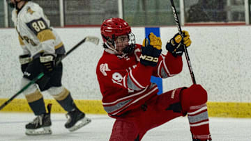 Fair Lawn-Dumont-Bergenfield (New Jersey) boys hockey player Mike Ferrante (19), celebrating a recent goal, generated seven points during Monday’s win over Old Tappan. 