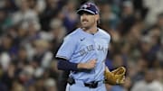 Oct 15, 2025; Seattle, Washington, USA; Toronto Blue Jays pitcher Shane Bieber (57) reacts after the sixth inning against the Seattle Mariners during game three of the ALCS round for the 2025 MLB playoffs at T-Mobile Park. Mandatory Credit: John Froschauer-Imagn Images