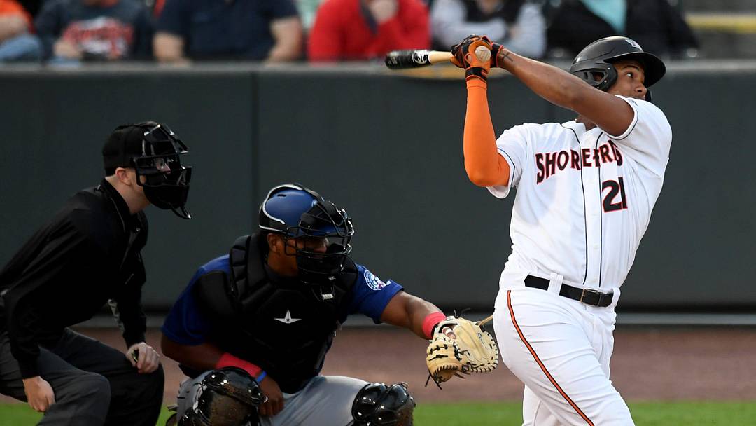 Shorebirds' Samuel Basallo (21) swings in the game against the Cannon Ballers Tuesday, April 11, 2023, at Perdue Stadium in Salisbury, Maryland. The Shorebirds defeated the Cannon Ballers 7-2. Shorebirds' Samuel Basallo (21) swings in the game against the Cannon Ballers Tuesday, April 11, 2023, at Perdue Stadium in Salisbury, Maryland. The Shorebirds defeated the Cannon Ballers 7-2.