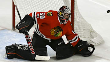 Mar 31, 2017; Chicago, IL, USA; Chicago Blackhawks goalie Corey Crawford (50) defends against the Columbus Blue Jackets during the third period at the United Center. Mandatory Credit: Matt Marton-Imagn Images