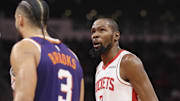 Dec 5, 2025; Houston, Texas, USA; Houston Rockets forward Kevin Durant (7) reacts after a play during the second quarter against the Phoenix Suns at Toyota Center. Mandatory Credit: Troy Taormina-Imagn Images