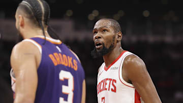 Dec 5, 2025; Houston, Texas, USA; Houston Rockets forward Kevin Durant (7) reacts after a play during the second quarter against the Phoenix Suns at Toyota Center. Mandatory Credit: Troy Taormina-Imagn Images