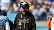 Oct 19, 2025; Nashville, Tennessee, USA;  Tennessee Titans interim head coach Mike McCoy paces the sideline against the New England Patriots during the second half at Nissan Stadium. Mandatory Credit: Steve Roberts-Imagn Images