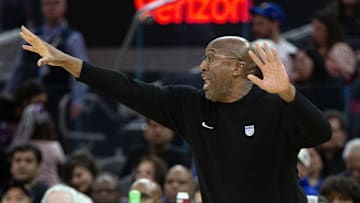 Oct 11, 2024; San Francisco, California, USA; Sacramento Kings head coach Mike Brown shouts instructions to his players during the first quarter against the Golden State Warriors at Chase Center. Mandatory Credit: D. Ross Cameron-Imagn Images