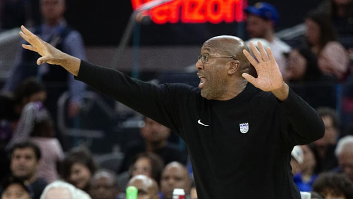 Oct 11, 2024; San Francisco, California, USA; Sacramento Kings head coach Mike Brown shouts instructions to his players during the first quarter against the Golden State Warriors at Chase Center. Mandatory Credit: D. Ross Cameron-Imagn Images