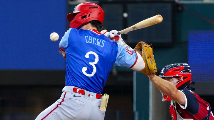 Jul 13, 2024; Arlington, TX, USA;  National League Future  outfielder Dylan Crews (3) gets hit by a pitch during the fifth inning against the American League Future team during the Major league All-Star Futures game at Globe Life Field