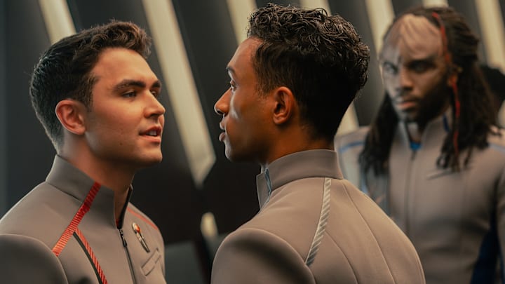 George Hawkins as Darem and Sandro Rosta as Caleb in Star Trek: Starfleet Academy, episode 1, season 1, streaming on Paramount+, 2025. Photo Credit: Brooke Palmer/Paramount+.