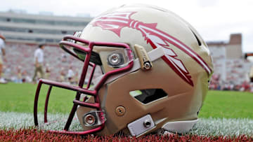 Oct 7, 2017; Tallahassee, FL, USA; View of a Florida State Seminoles helmet on the field before the game against the Miami Hurricanes at Doak Campbell Stadium. Mandatory Credit: Melina Vastola-Imagn Images