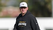 Jul 25, 2025; Jacksonville, FL, USA; Jacksonville Jaguars offensive coordinator Grant Udinski leads training camp at Miller Electric Center. Mandatory Credit: Nathan Ray Seebeck-Imagn Images