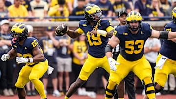 Michigan quarterback Bryce Underwood (19) makes a pass against Central Michigan during the first half at Michigan Stadium in Ann Arbor on Saturday, Sept. 13, 2025.
