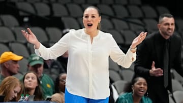 Dec 18, 2022; Dallas, Texas, USA; Arizona Wildcats head coach Adia Barnes reacts to a call against the Baylor Lady Bears during the first half at American Airlines Center. Mandatory Credit: Chris Jones-Imagn Images