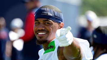 Wide receiver Kendrick Bourne works out on the opening day of New England Patriots training camp on July 23, 2025, at Gillette Stadium in Foxboro, Massachusetts.