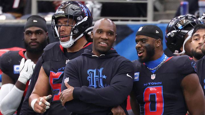 Jan 4, 2026; Houston, Texas, USA;  Houston Texans head coach Demeco Ryans on the sidelines with linebacker Azeez al-Shaair (0) during the second half Indianapolis Colts at NRG Stadium. Mandatory Credit: Troy Taormina-Imagn Images