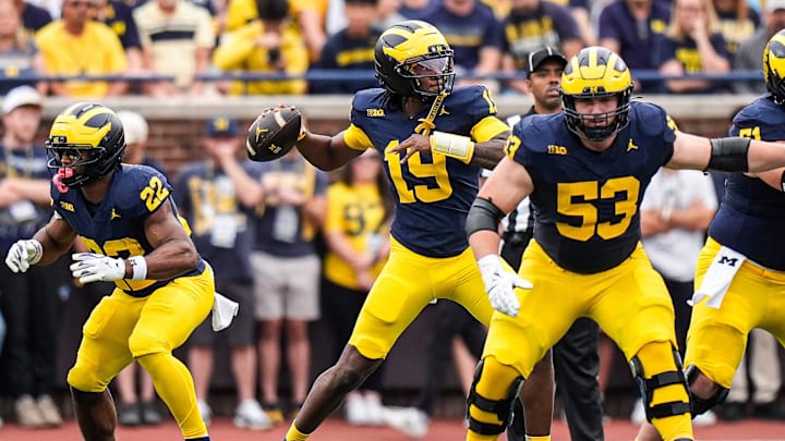 Michigan quarterback Bryce Underwood (19) makes a pass against Central Michigan during the first half at Michigan Stadium in Ann Arbor on Saturday, Sept. 13, 2025.