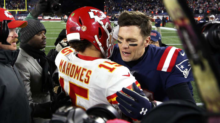 Dec 8, 2019; Foxborough, MA, USA; New England Patriots quarterback Tom Brady (12) congratulates Kansas City Chiefs quarterback Patrick Mahomes (15) after their game at Gillette Stadium. Mandatory Credit: Winslow Townson-USA TODAY Sports