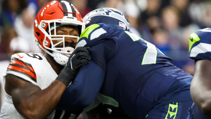 Aug 24, 2024; Seattle, Washington, USA; Seattle Seahawks guard Anthony Bradford blocks against the Cleveland Browns during the first quarter at Lumen Field. Mandatory Credit: Joe Nicholson-USA TODAY Sports