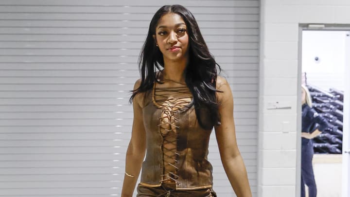 Jun 23, 2024; Chicago, Illinois, USA; Chicago Sky forward Angel Reese (5) arrives at Wintrust Arena before a game against the Indiana Fever. 