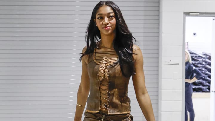 Jun 23, 2024; Chicago, Illinois, USA; Chicago Sky forward Angel Reese (5) arrives at Wintrust Arena before a game against the Indiana Fever. 