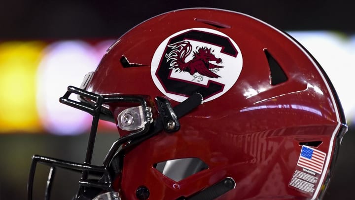 Oct 23, 2021; College Station, Texas, USA;  South Carolina Gamecocks helmet on the sideline of the game against the Texas A&M Aggies at Kyle Field. Mandatory Credit: Maria Lysaker-USA TODAY Sports