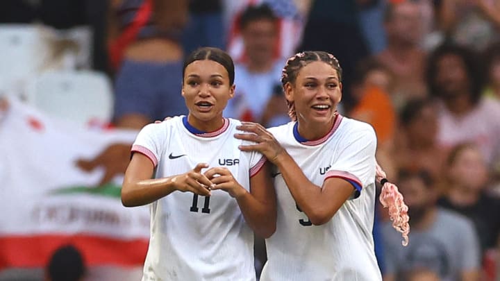 Trinity Rodman of United States celebrates with Sophia Smith