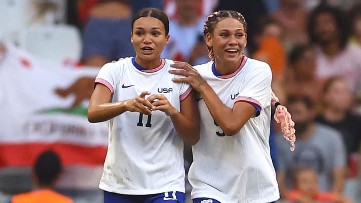 [US, Mexico & Canada customers only] Jul 31, 2024; Marseille, France; Trinity Rodman of United States celebrates with Sophia Smith after a goal against Australia in a group stage match during the Paris 2024 Olympic Summer Games at Orange Velodrome. Mandatory Credit: Luisa Gonzalez/Reuters via USA TODAY Sports