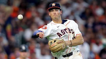 Aug 18, 2024; Houston, Texas, USA; Houston Astros third baseman Shay Whitcomb (10) throws a fielded ball to first base for an out against the Chicago White Sox during the sixth inning at Minute Maid Park.