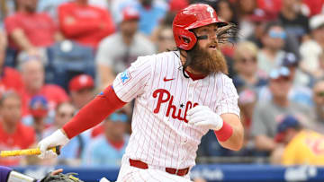 Mar 31, 2025; Philadelphia, Pennsylvania, USA; Philadelphia Phillies outfielder Brandon Marsh (16) against the Colorado Rockies at Citizens Bank Park.