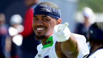 Wide receiver Kendrick Bourne works out on the opening day of New England Patriots training camp on July 23, 2025, at Gillette Stadium in Foxboro, Massachusetts.