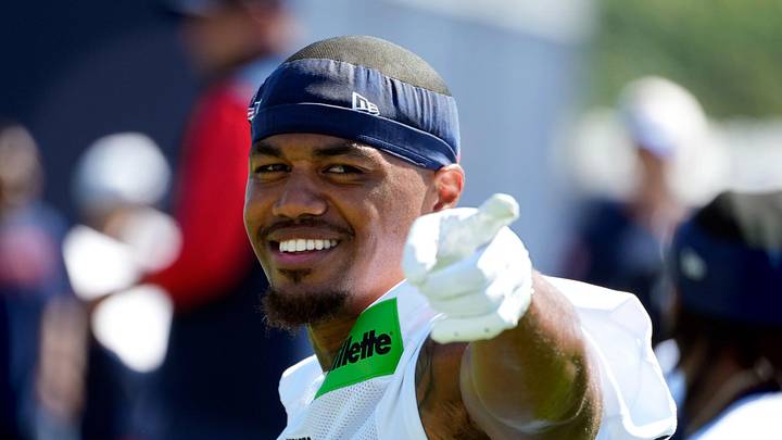 Wide receiver Kendrick Bourne works out on the opening day of New England Patriots training camp on July 23, 2025, at Gillette Stadium in Foxboro, Massachusetts.