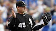 Chicago White Sox relief pitcher Bobby Jenks (45) celebrates after recording the final out against the Chicago Cubs at Wrigley Field.  