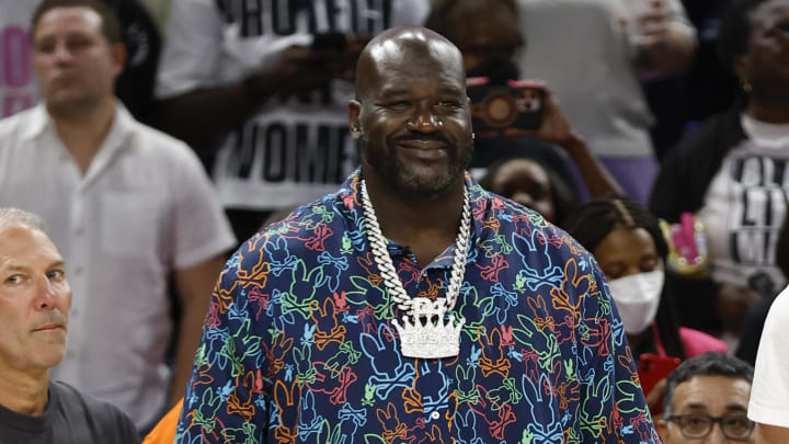 Aug 30, 2024; Chicago, Illinois, USA; Former NBA player Shaquille O'Neal and Chicago Bulls 2024 NBA draft pick Matas Buzelis stand on the sidelines before a basketball game between the Chicago Sky and Indiana Fever at Wintrust Arena. Mandatory Credit: Kamil Krzaczynski-USA TODAY Sports