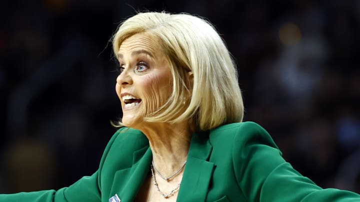 Apr 1, 2024; Albany, NY, USA; LSU Lady Tigers head coach Kim Mulkey reacts to a play in the second quarter. Apr 1, 2024; Albany, NY, USA; LSU Lady Tigers head coach Kim Mulkey reacts to a play in the second quarter.