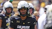 Sep 6, 2025; Boulder, Colorado, USA; Colorado Buffaloes quarterback Julian Lewis (10) before the game against the Delaware Fightin Blue Hens at Folsom Field. Mandatory Credit: Ron Chenoy-Imagn Images