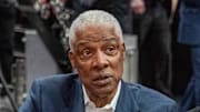 February 19, 2022; Cleveland, OH, USA; NBA great Julius Erving during the 3-Point Contest during the 2022 NBA All-Star Saturday Night at Rocket Mortgage Field House. Mandatory Credit: Kyle Terada-Imagn Images