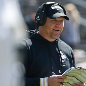 Purdue Boilermakers head coach Barry Odom smiles 