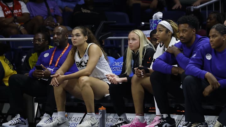 Jul 29, 2025; Washington, District of Columbia, USA; Injured Chicago Sky guard Hailey Van Lith (M) and Sky forward Angel Reese (M-R) look on from the bench against the Washington Mystics in the second half at CareFirst Arena. Mandatory Credit: Geoff Burke-Imagn Images Jul 29, 2025; Washington, District of Columbia, USA; Injured Chicago Sky guard Hailey Van Lith (M) and Sky forward Angel Reese (M-R) look on from the bench against the Washington Mystics in the second half at CareFirst Arena. Mandatory Credit: Geoff Burke-Imagn Images