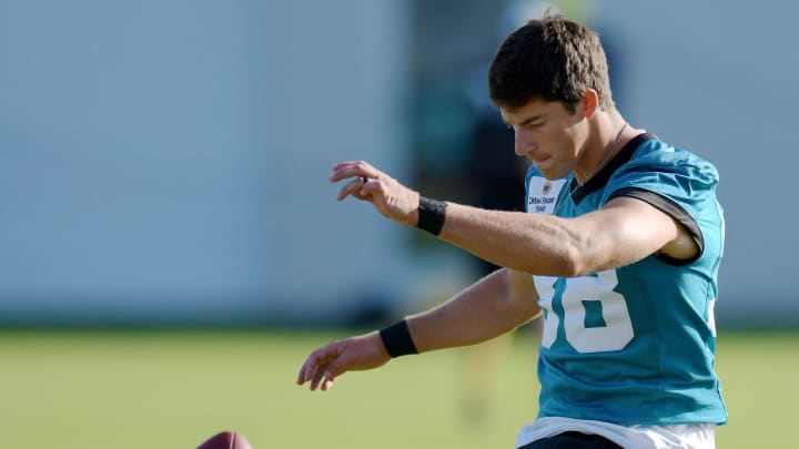 Jacksonville Jaguars place kicker Riley Patterson (38) works on his kicking during the fourth day of the NFL football training camp practice session Saturday, July 27, 2024 at EverBank Stadium's Miller Electric Center in Jacksonville, Fla.