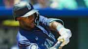 Seattle Mariners second baseman Ryan Bliss hits during a game against the Kansas City Royals on June 9 at Kauffman Stadium.