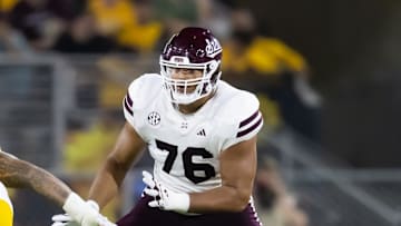 Sep 7, 2024; Tempe, Arizona, USA; Mississippi State Bulldogs offensive lineman Albert Reese IV (76) against the Arizona State Sun Devils at Mountain America Stadium. Mandatory Credit: Mark J. Rebilas-Imagn Images