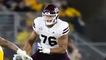 Sep 7, 2024; Tempe, Arizona, USA; Mississippi State Bulldogs offensive lineman Albert Reese IV (76) against the Arizona State Sun Devils at Mountain America Stadium. Mandatory Credit: Mark J. Rebilas-Imagn Images